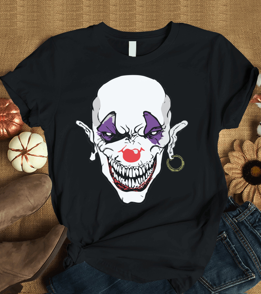 Evil Clown Sinister Face White Makeup Red Nose Grinning Purple Eyes T-Shirt
