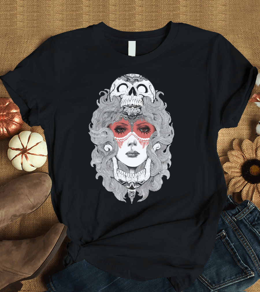 Girl And Skull Masked Face Serene Expression T-Shirt