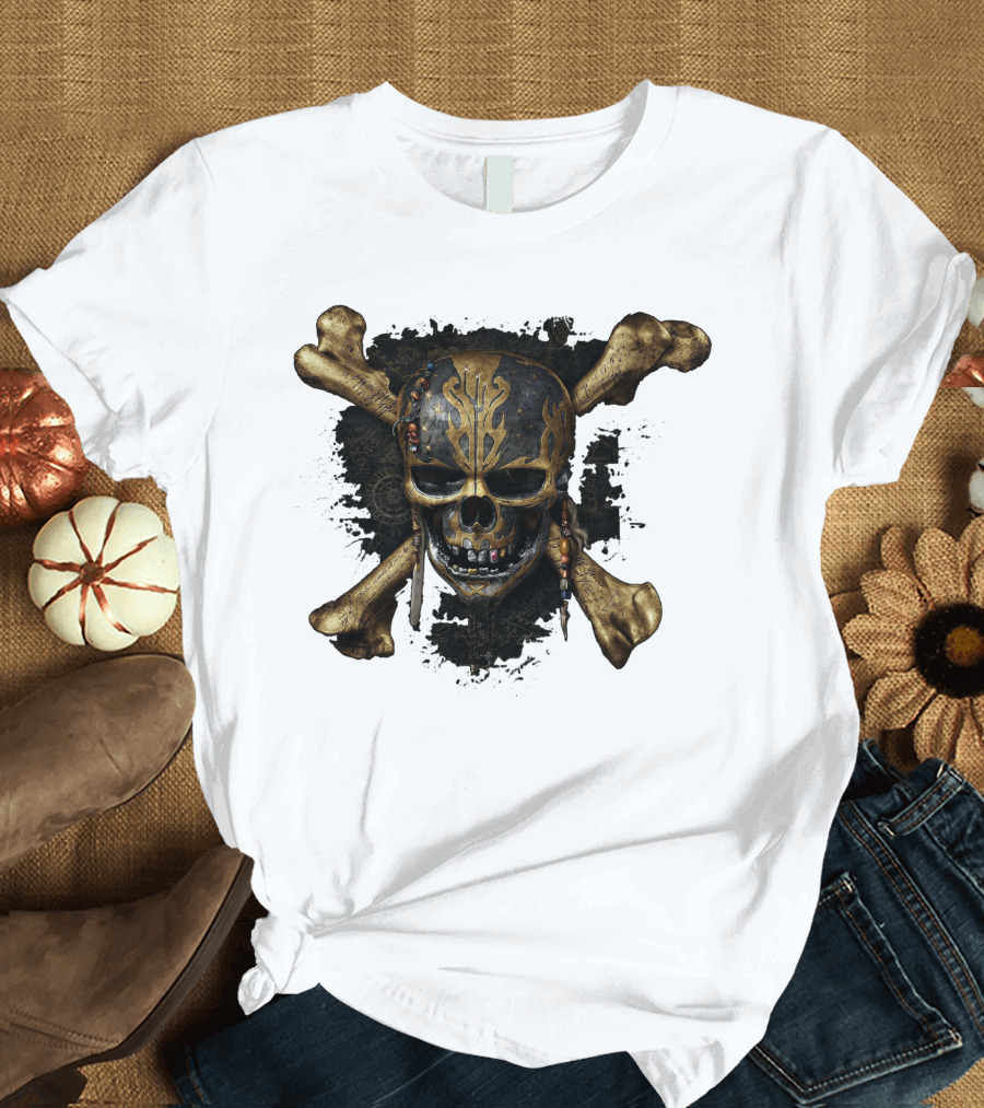 Pirates Of The Caribbean Dead Men Tell No Tales Skull Crossbones Gold Accents T-Shirt