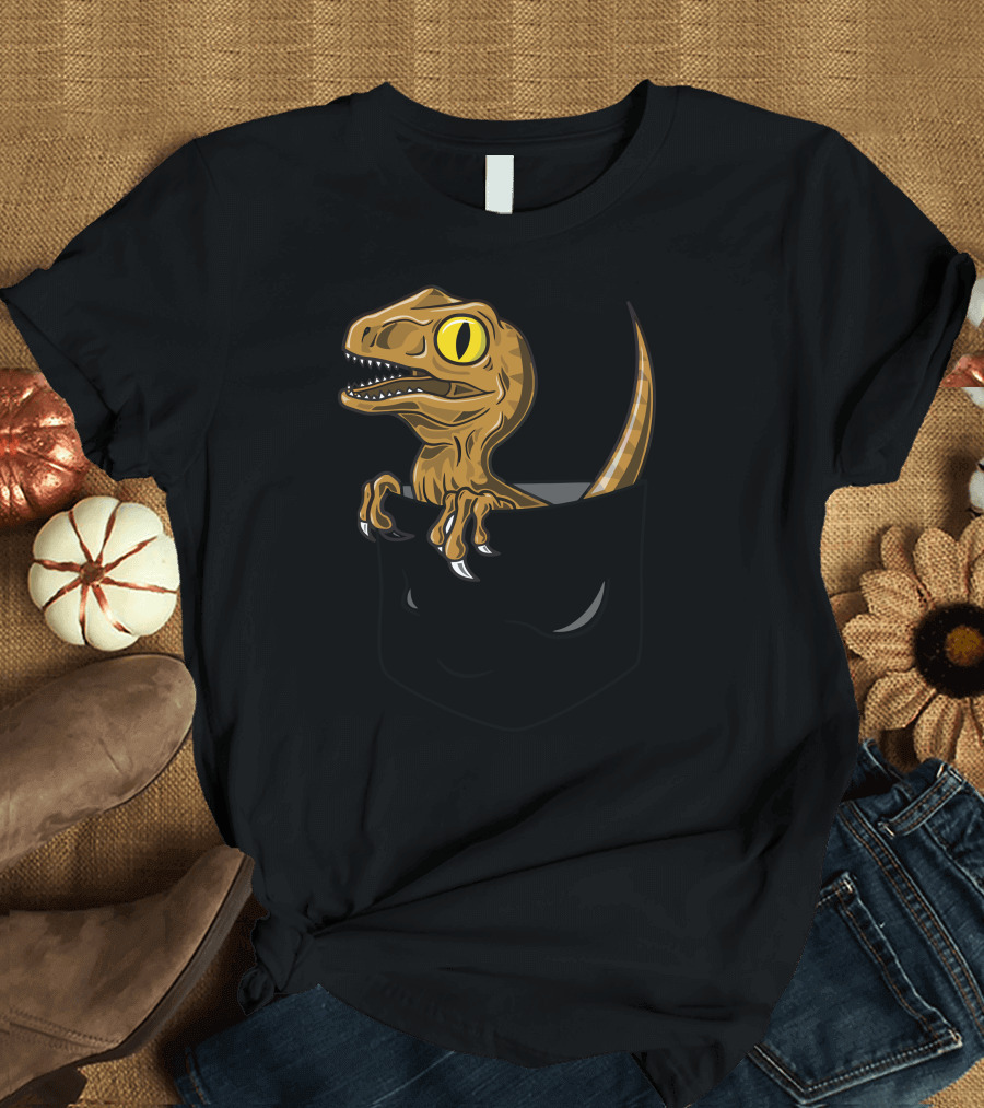 Pocket Raptor Velociraptor Dinosaur Peeking Out Playful T-Shirt
