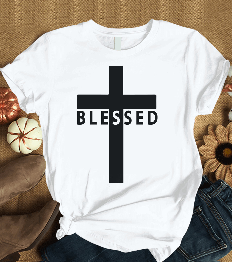 Blessed Text Overlay on Cross T-Shirt