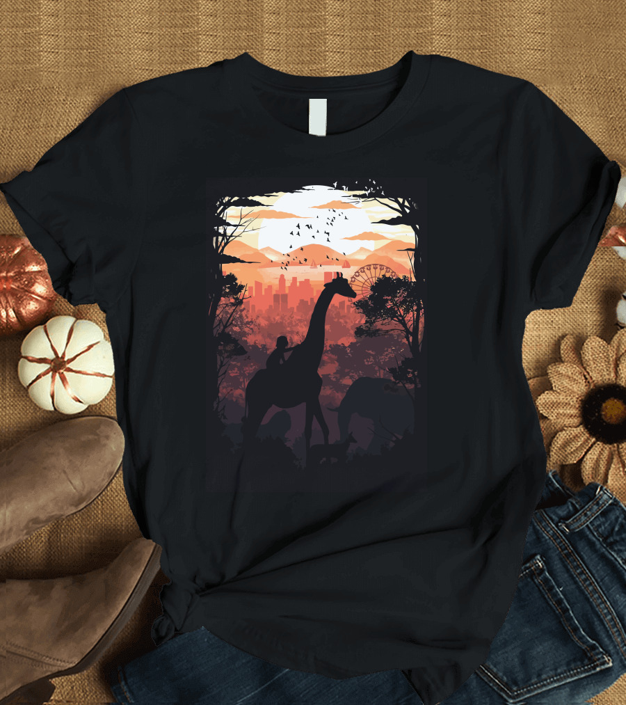 From Jungle to City Silhouette with Giraffe and Skyline T-Shirt