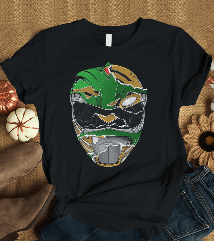 Power Rangers Green Ranger Torn Helmet Good And Evil Power T-Shirt