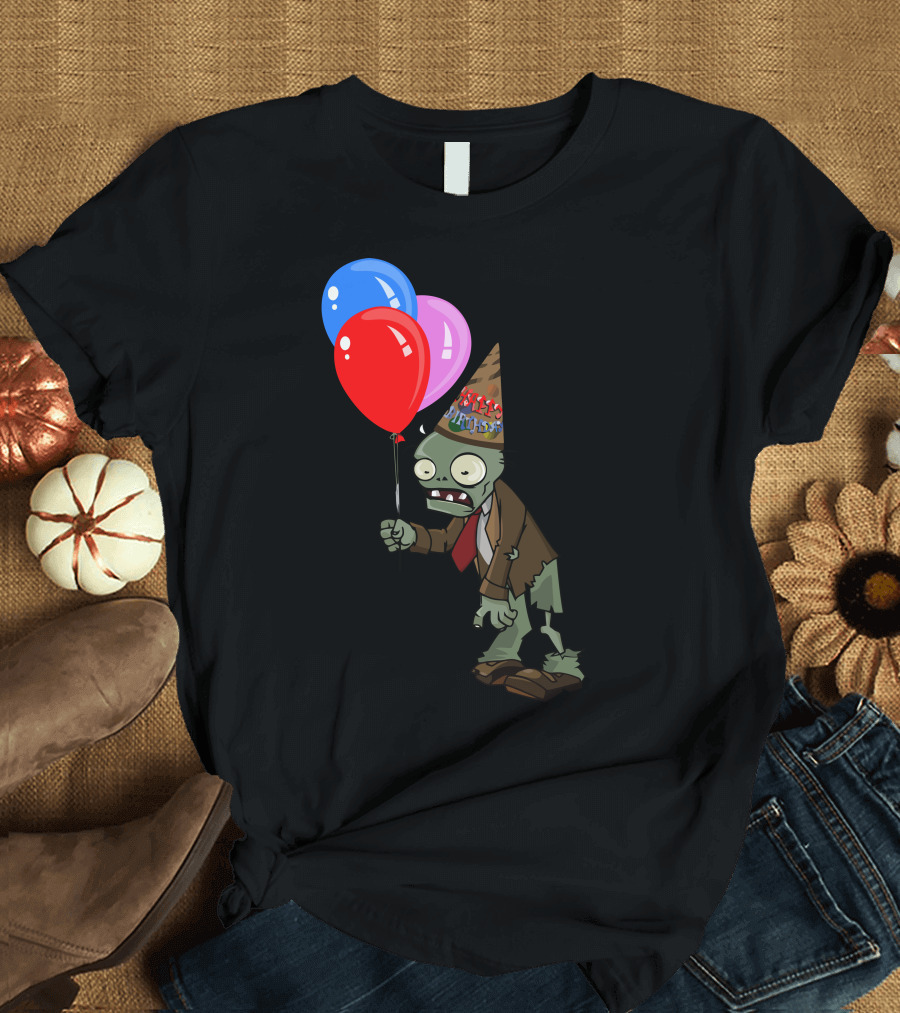 Plants Vs Zombies Birthday Zombie with Party Balloons and Hat T-Shirt