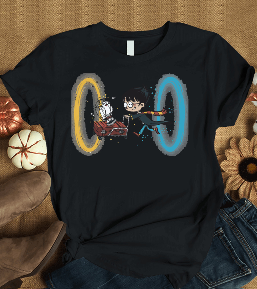 Harry Portal Magic Adventure with Luggage and Owl Through Portals T-Shirt