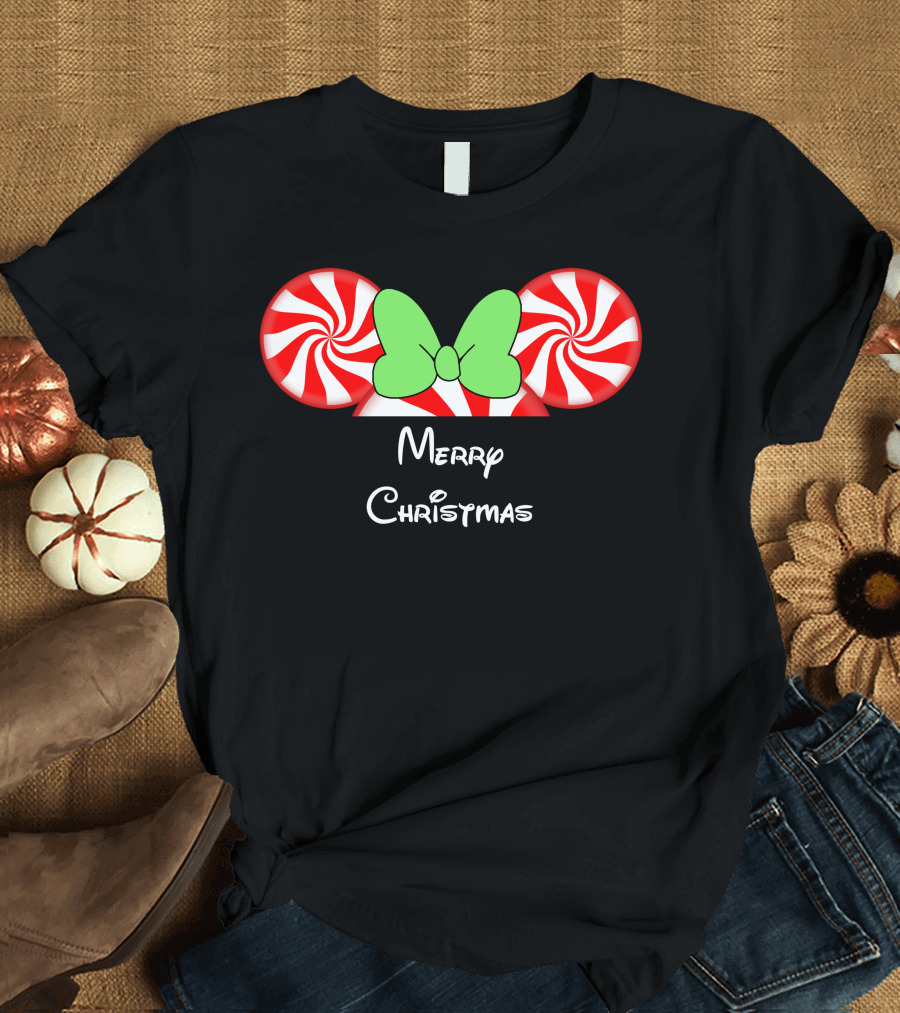 Merry Christmas Peppermint Ears Mint Bow T-Shirt