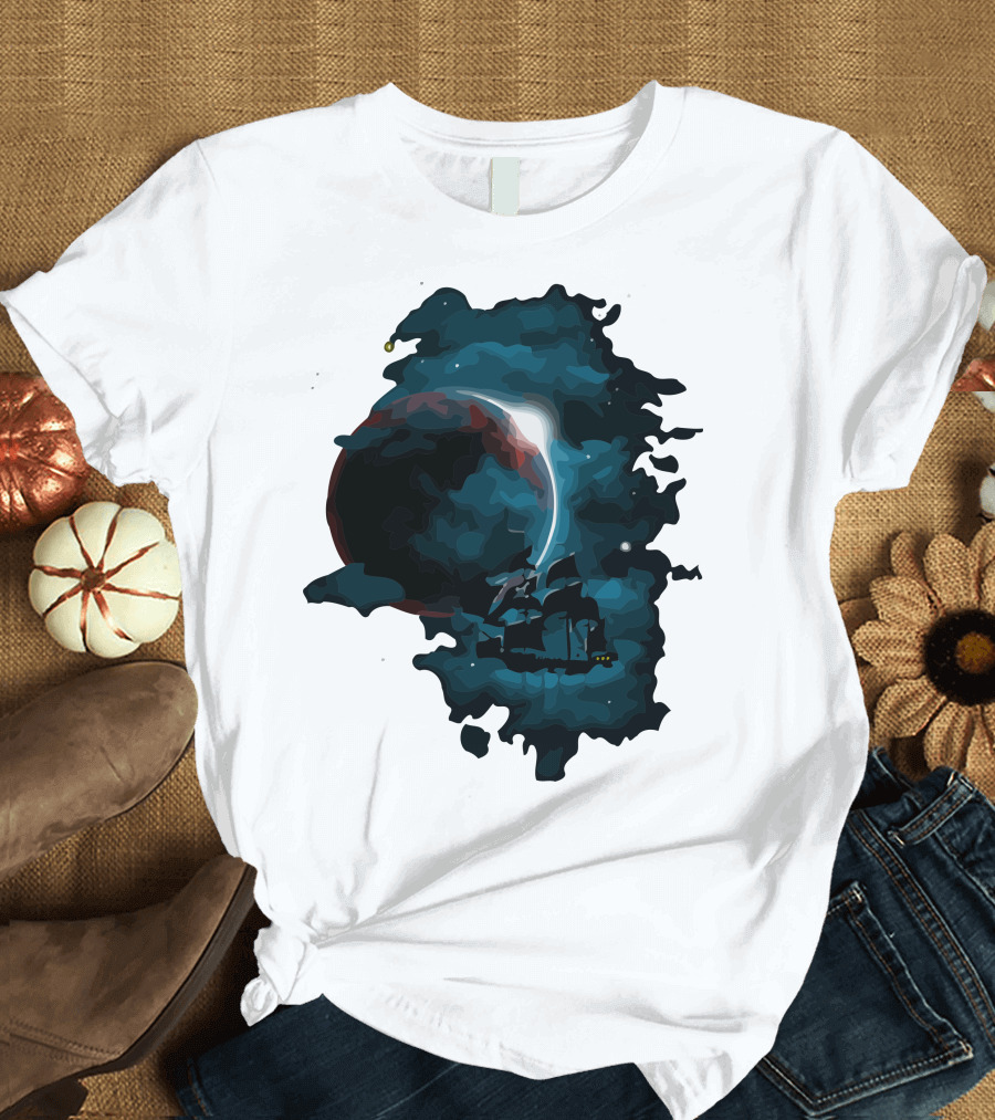 Pirate Spaceship Sailing Through Cosmic Nebula in Space Adventure T-Shirt