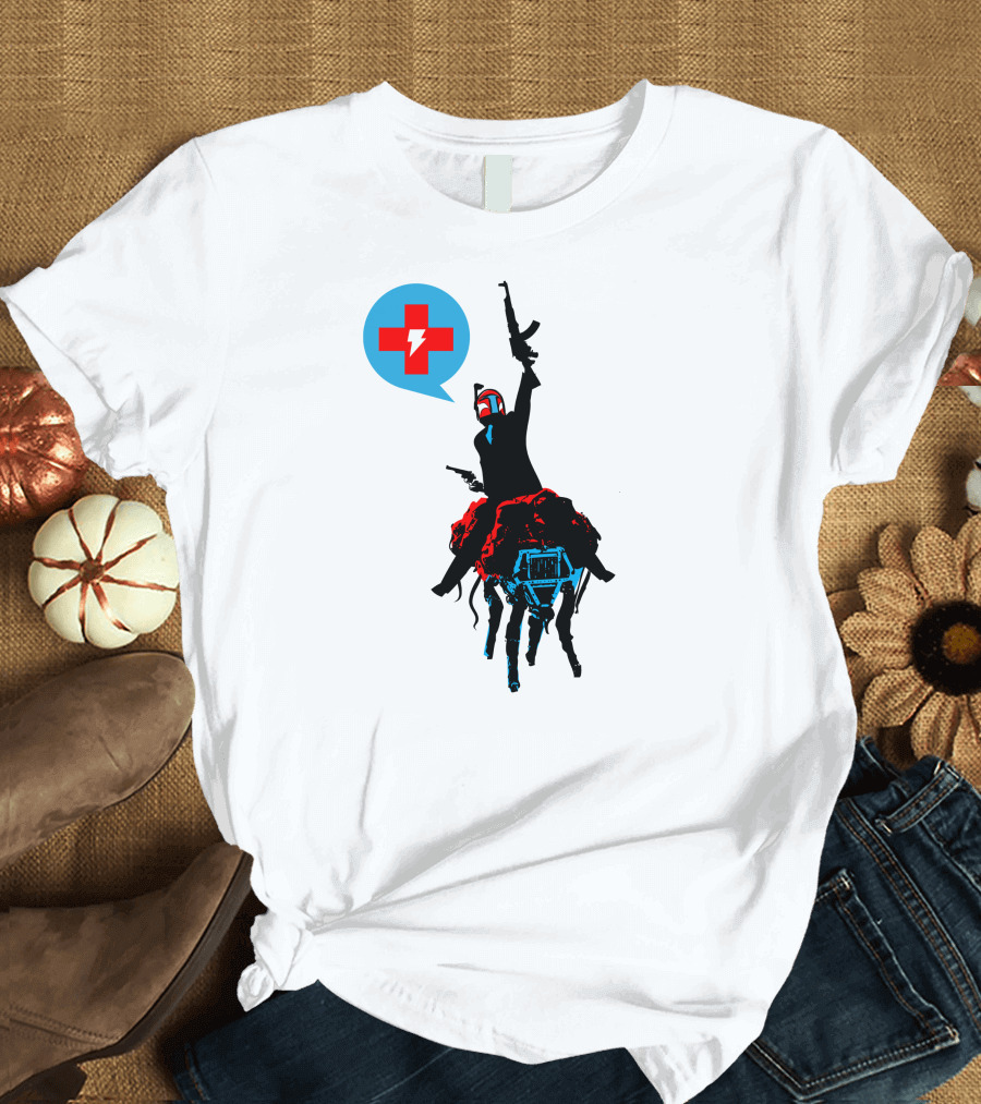 Celebratory Gunfire Robot Rider with Medical Cross and Lightning Bolt T-Shirt