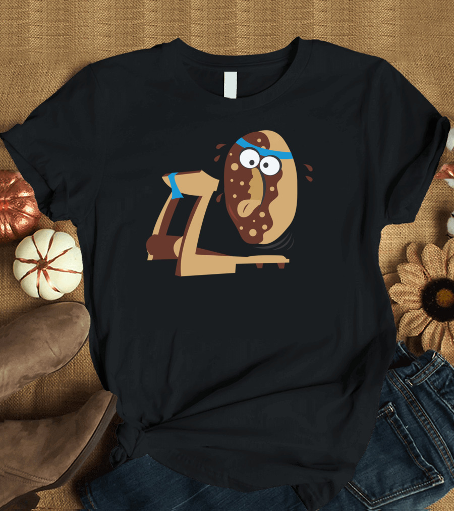 Donut Exercising on Treadmill with Sweat and Blue Headband T-Shirt