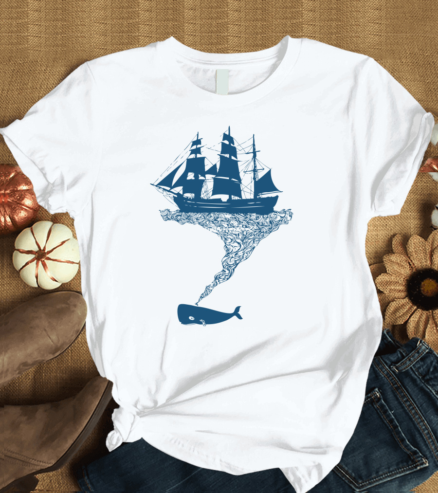 Exhaling Flotsam Blue Whale Sailing Ship Fusion T-Shirt