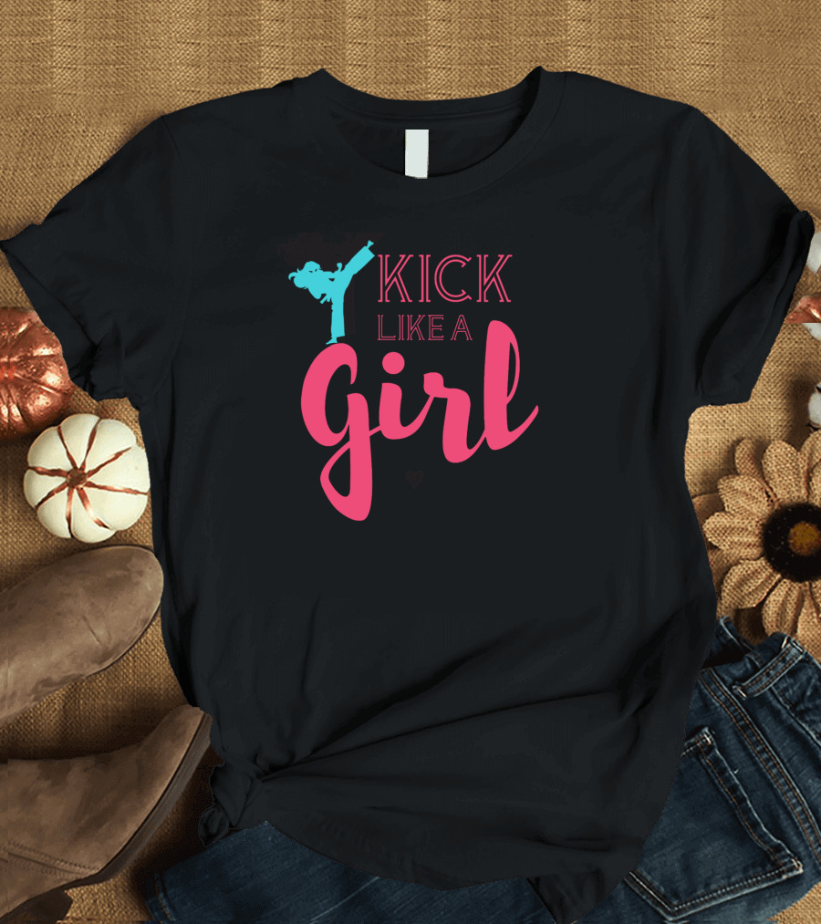 KICK LIKE A GIRL Teal Kicker Pink Script T-Shirt
