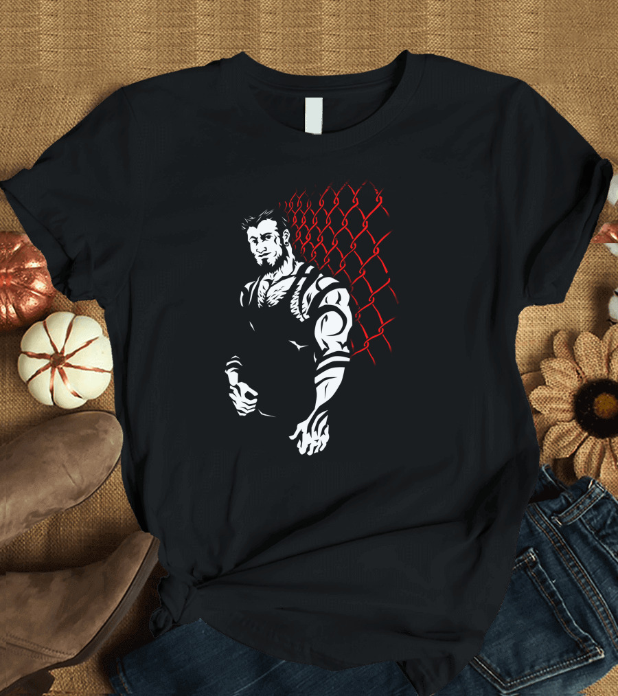 Tattoo Muscle Brute in Front of Red Chain Link Fence T-Shirt