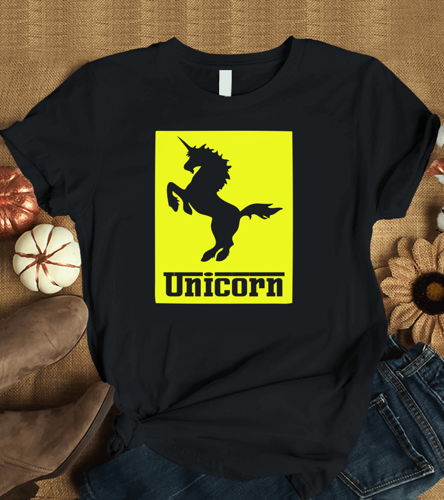 Unicorn Ferrari Car Logo Parody Black Yellow T-Shirt