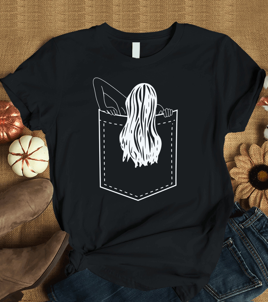 Pocket Samara Creepy Girl Figure in Hair and Pocket Outline T-Shirt
