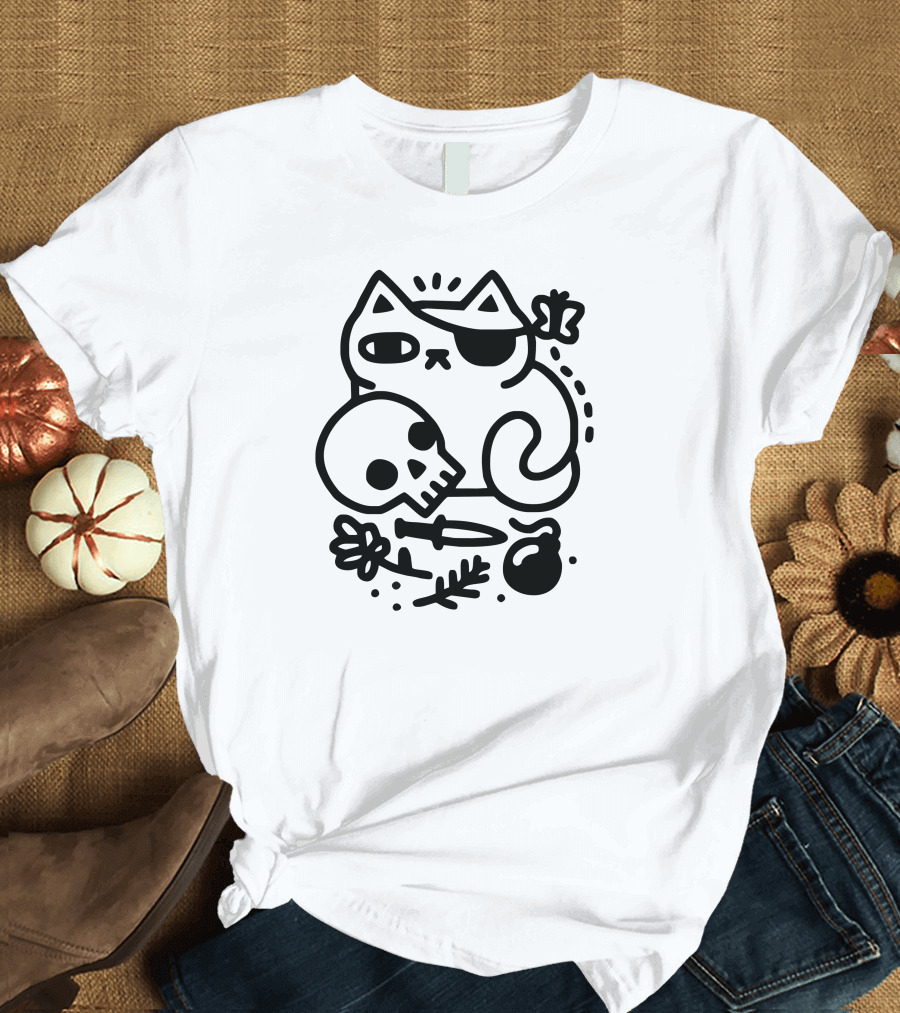 Badass Cat with Skull and Dagger T-Shirt