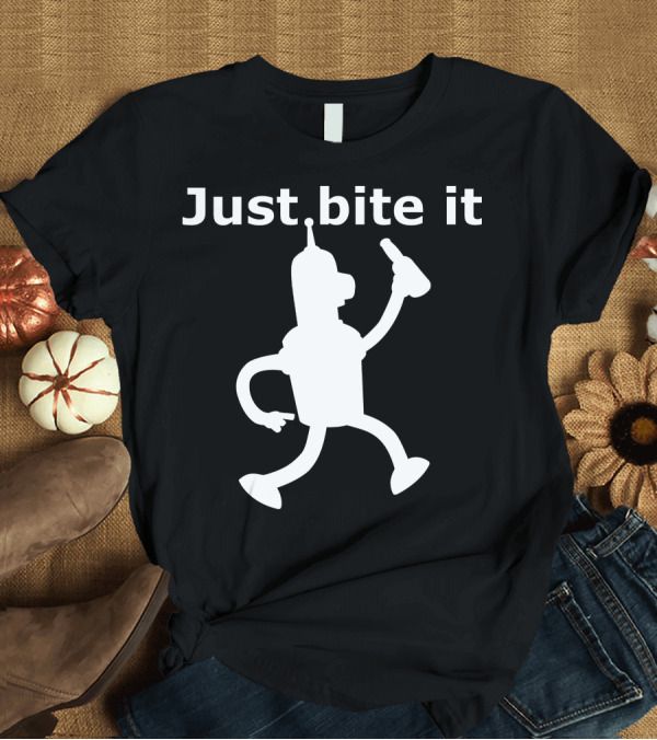 T-Shirt: Just Bite It Bender Silhouette Holding Bottle T-Shirt Just Bite It Bender Silhouette Holding Bottle T-Shirt