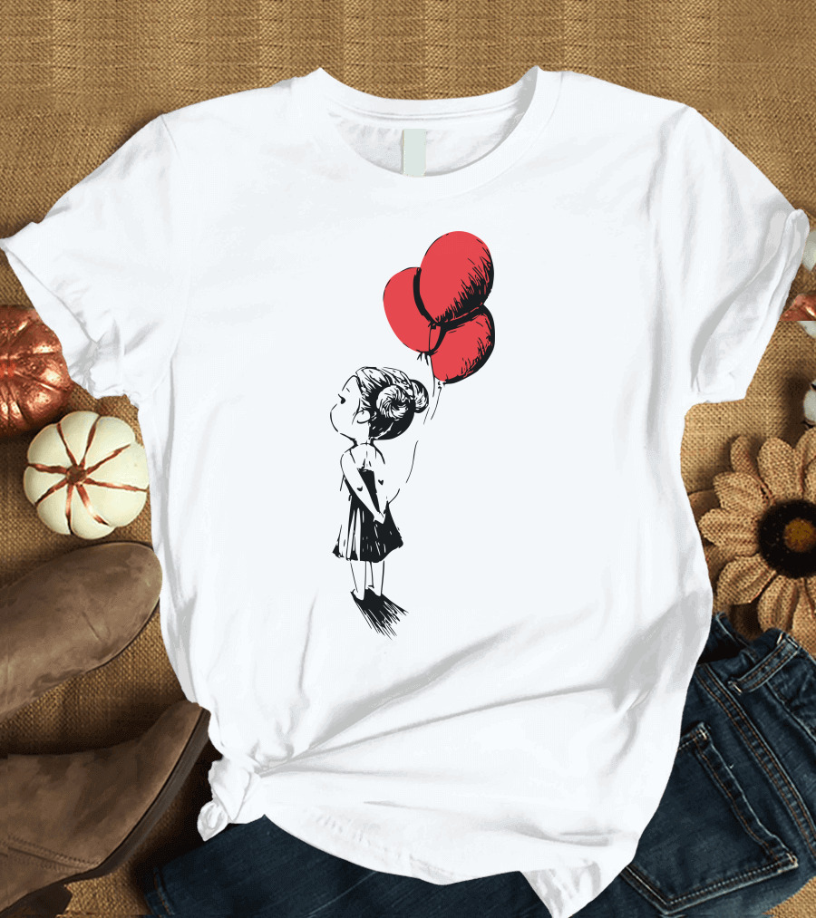 Red Balloons Girl Holding Three Balloons T-Shirt