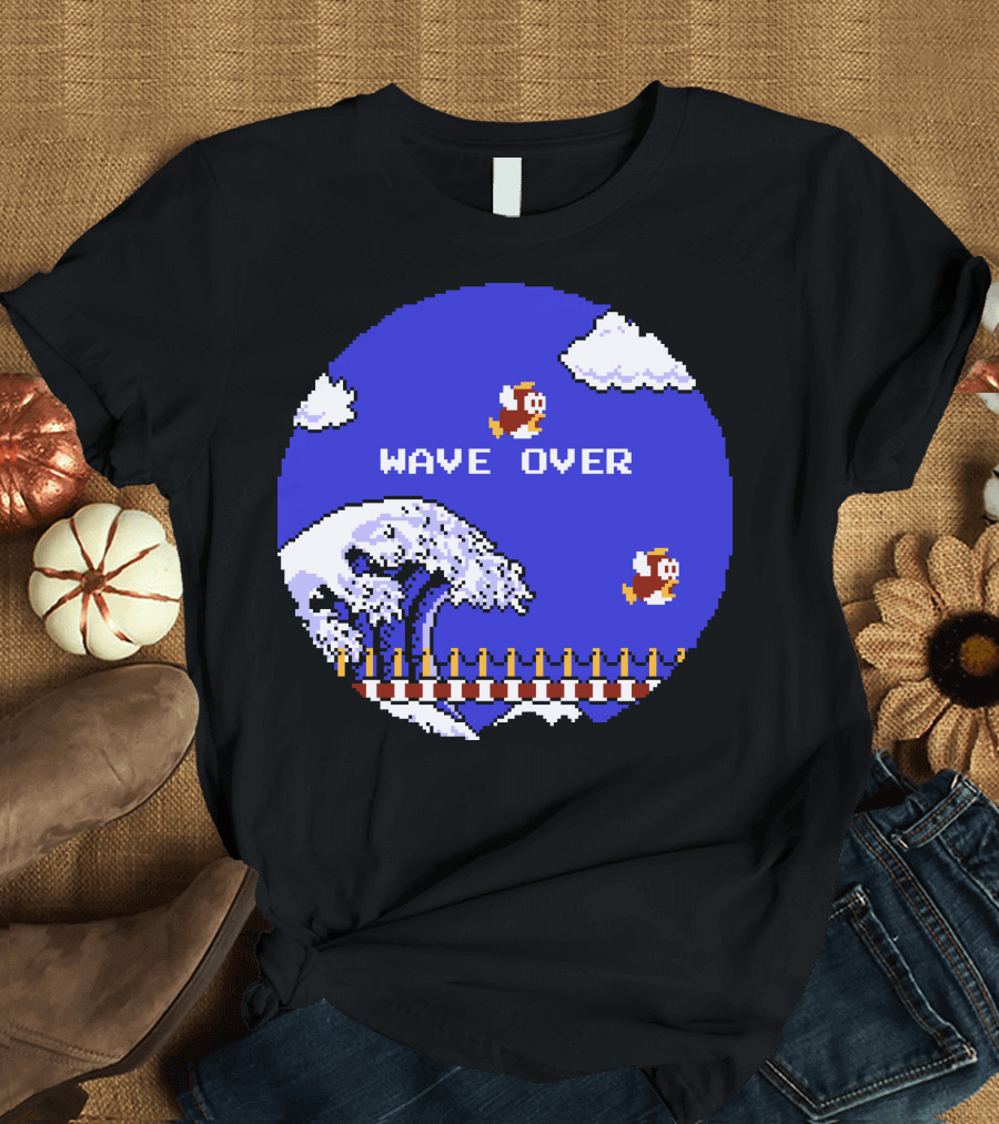Wave Over Retro Pixel Art with Flying Penguins and Ocean Wave T-Shirt