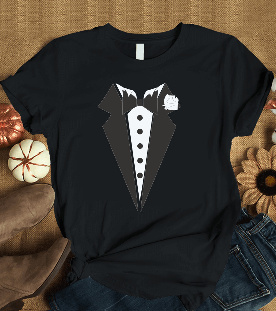 Classic Tuxedo Black and White Design with Rose and Bow Tie T-Shirt