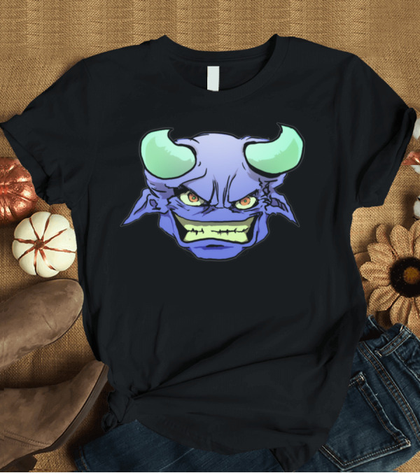 T-Shirt: Blue Horned Monster Face with Yellow Eyes and Green Teeth T-Shirt Blue Horned Monster Face with Yellow Eyes and Green Teeth T-Shirt