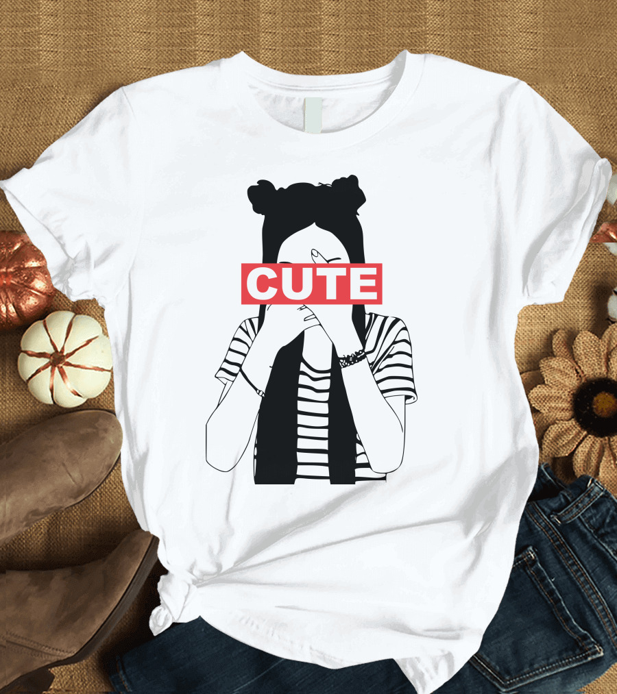 CUTE Red Box Striped Shirt Silhouette Girl with Buns T-Shirt