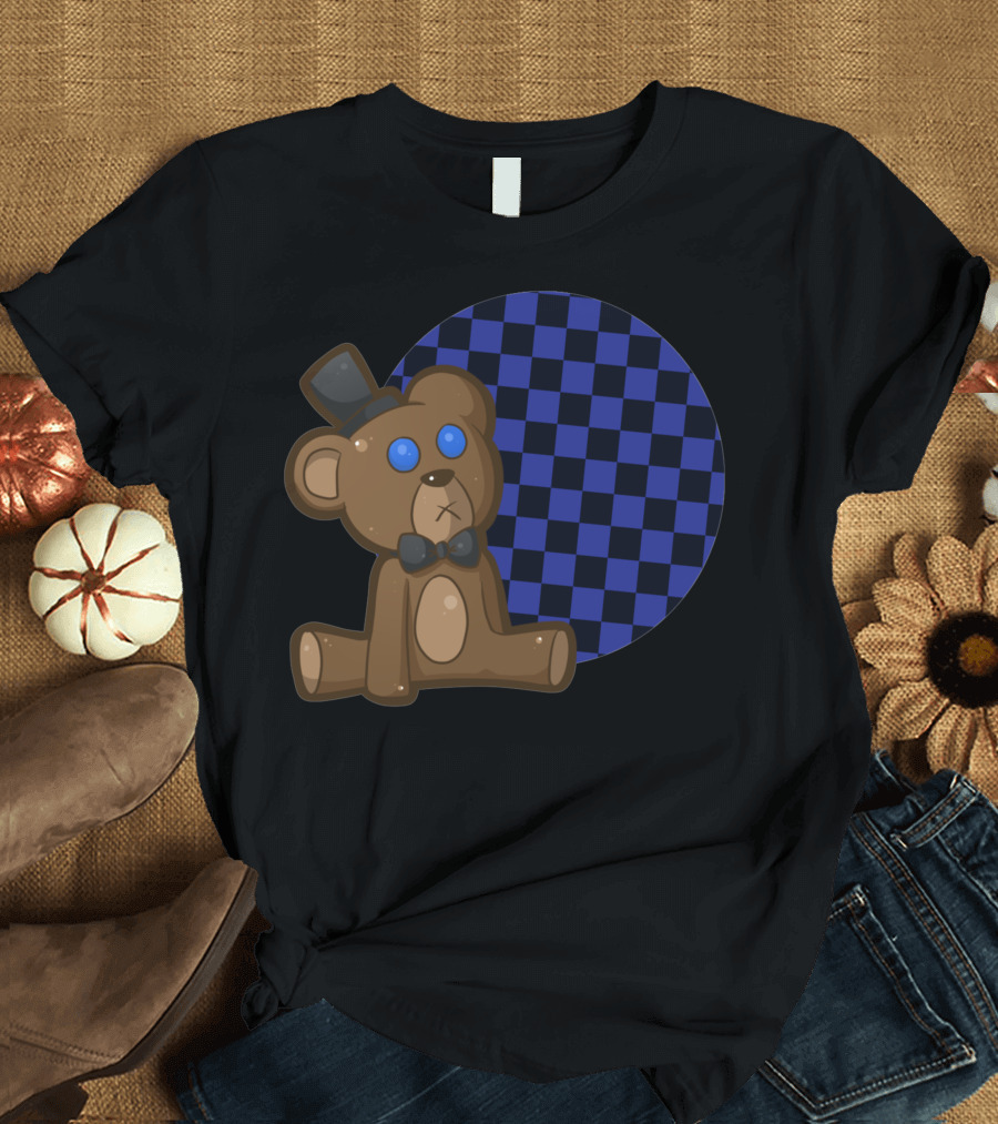 Freddy Plushie Cute Bear with Top Hat and Bow Tie on Checkered Circle Background T-Shirt