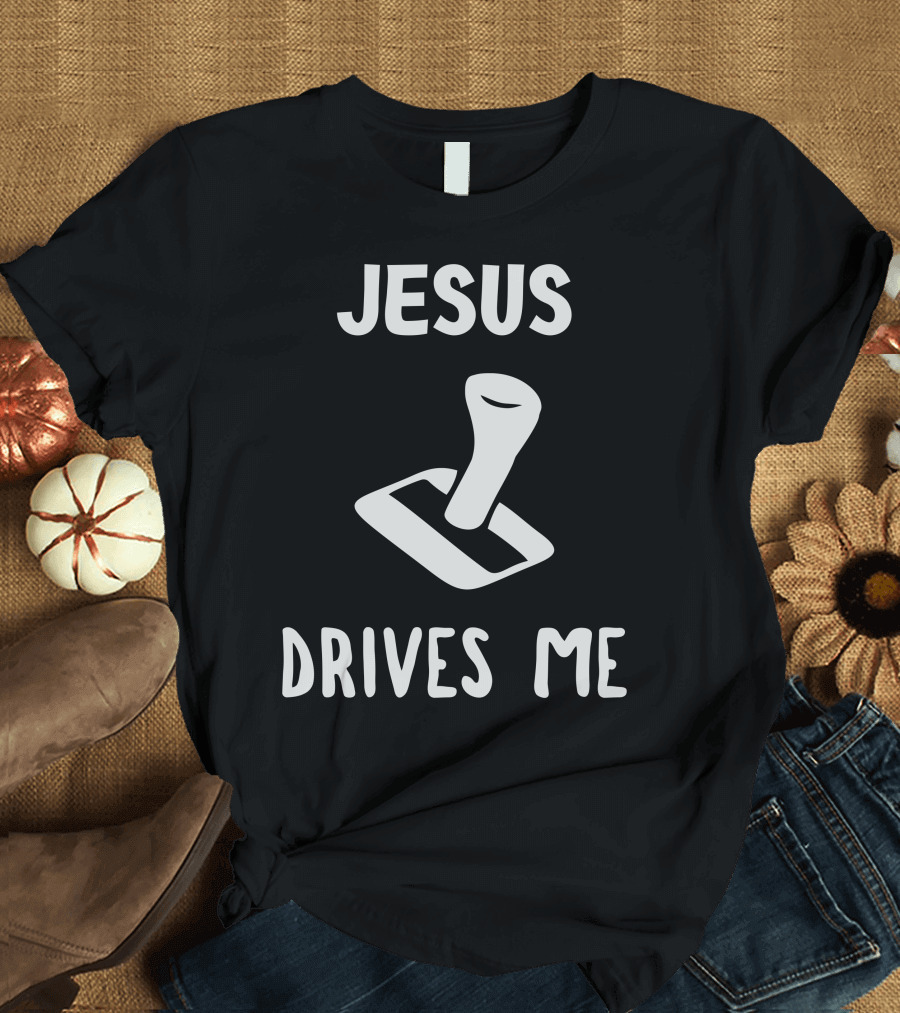 Jesus Drives Me Gear Shift Motif T-Shirt