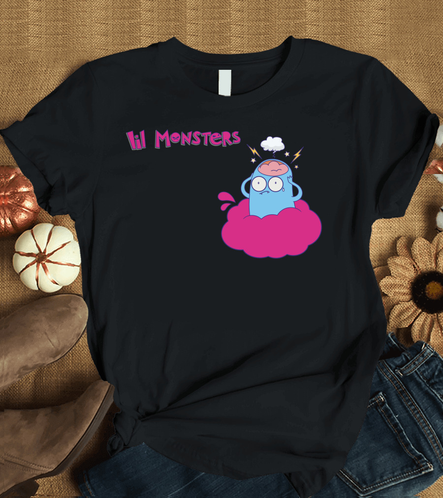 Lil Monsters Cute Blue Monster Cartoon with Cloud and Lightning T-Shirt