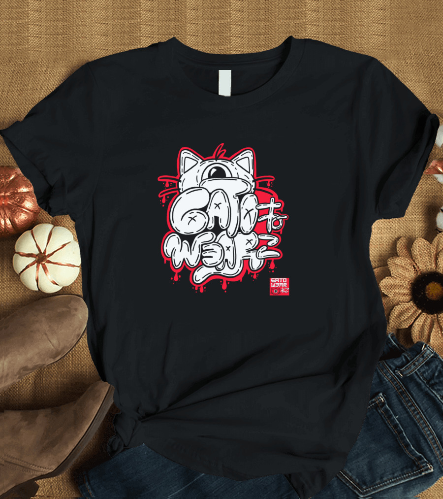 GATO WARS Monochrome Graffiti Tag with Maneki-Neko Red Accents T-Shirt