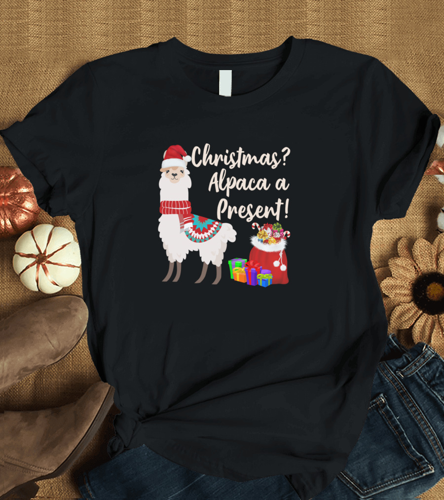 Christmas Alpaca a Present with Santa Hat and Festive Gifts T-Shirt
