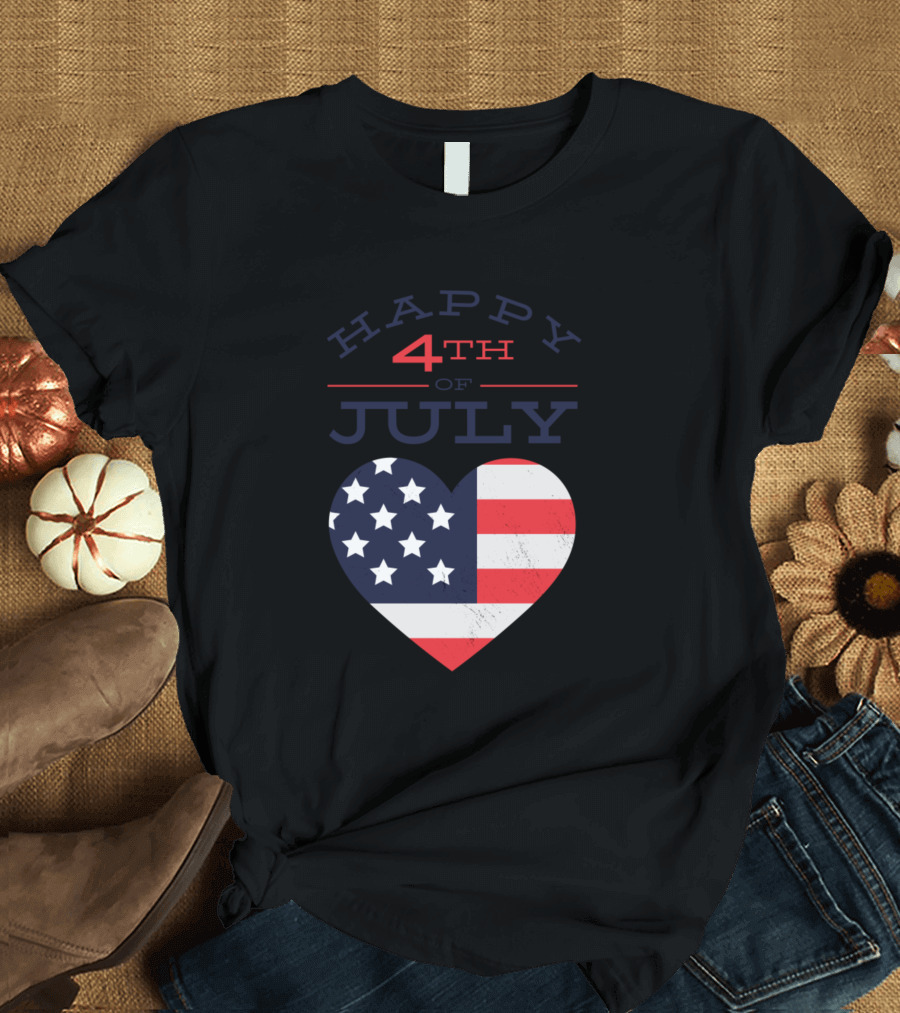 Happy 4th of July USA Independence Day Heart Flag T-Shirt