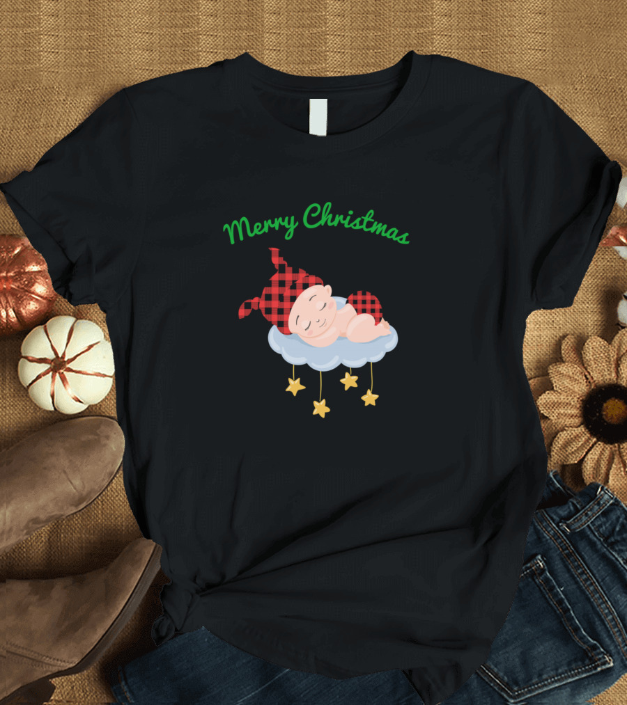 Merry Christmas Sleeping Baby on Cloud with Stars T-Shirt