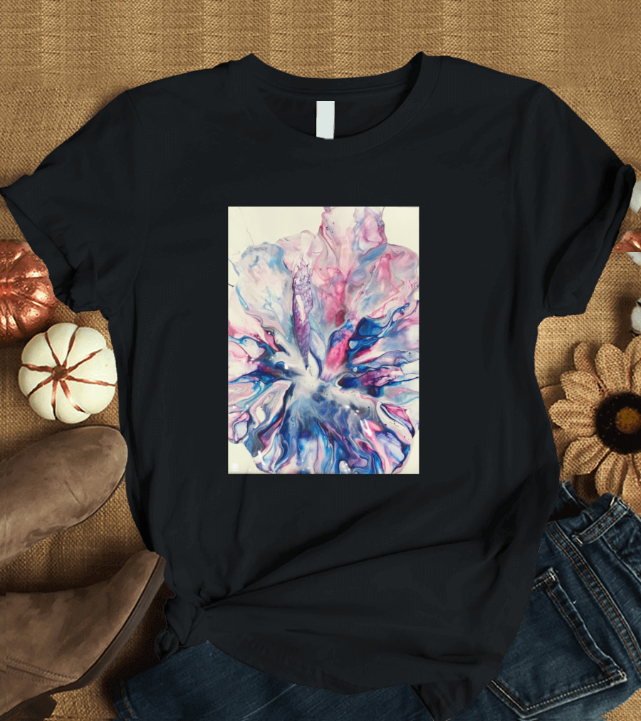 Pink Blue Leaf Fluid Art Canvas T-Shirt