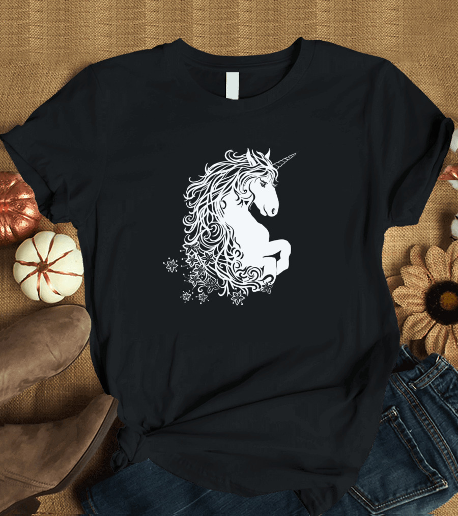 White Unicorn with Floral Swirls Magical Creature T-Shirt