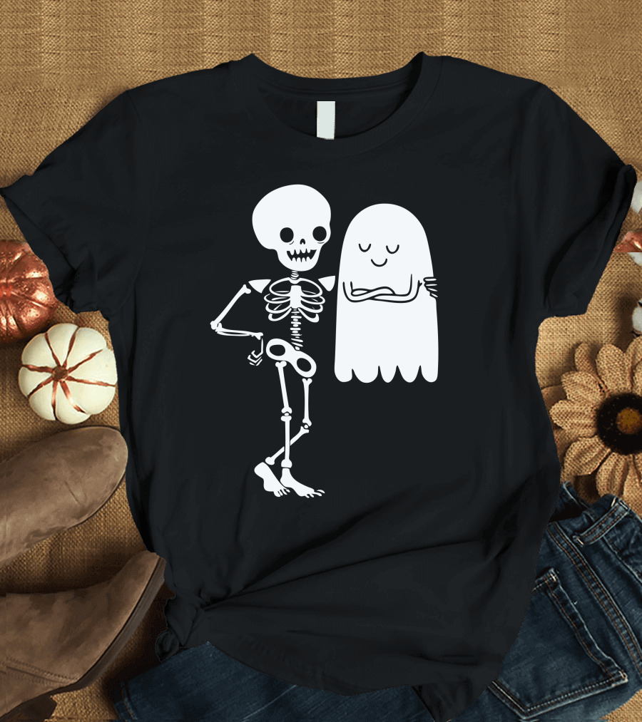 Body And Soul Skeleton and Ghost Hugging T-Shirt