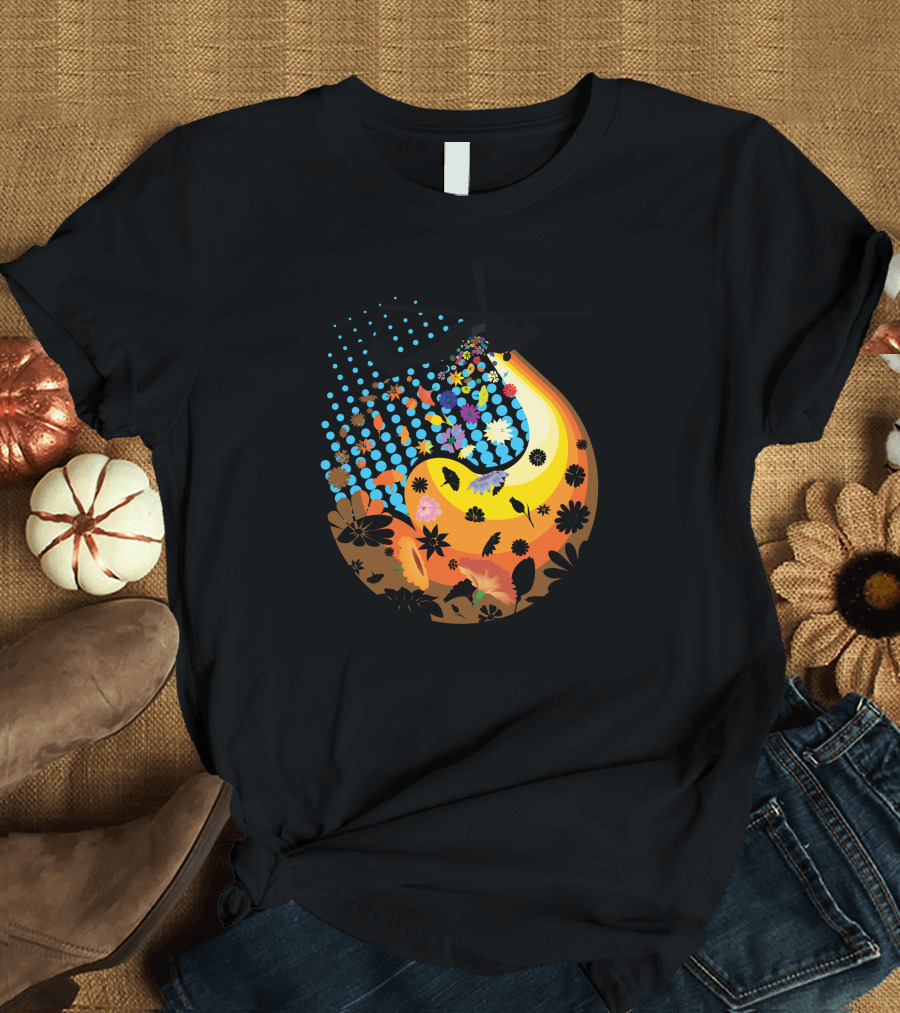 Buds Not Bombs Helicopter Dropping Colorful Flowers and Leaves T-Shirt