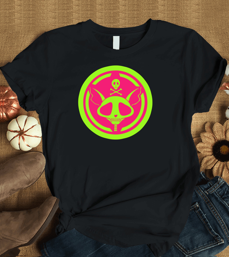 Cat Skeleton Neon Skull and Crossbones T-Shirt