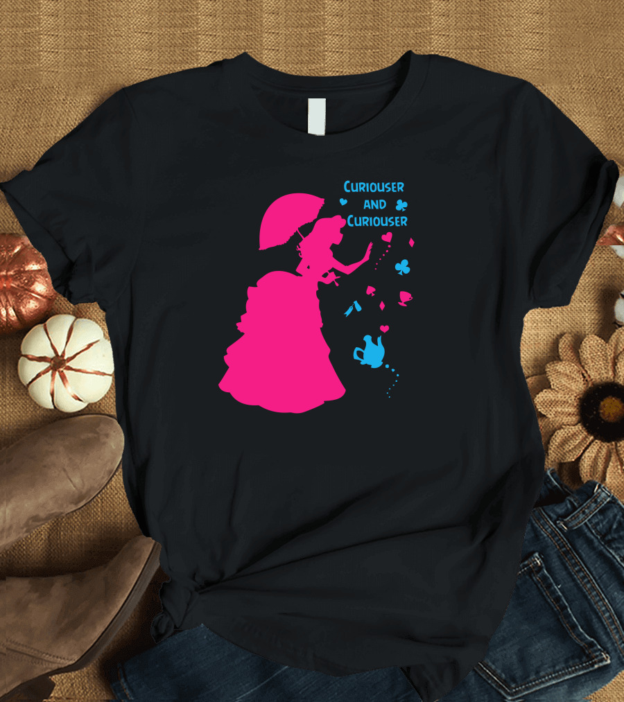 Curiouser And Curiouser Alice Silhouette with Heart and Teapot Accents T-Shirt