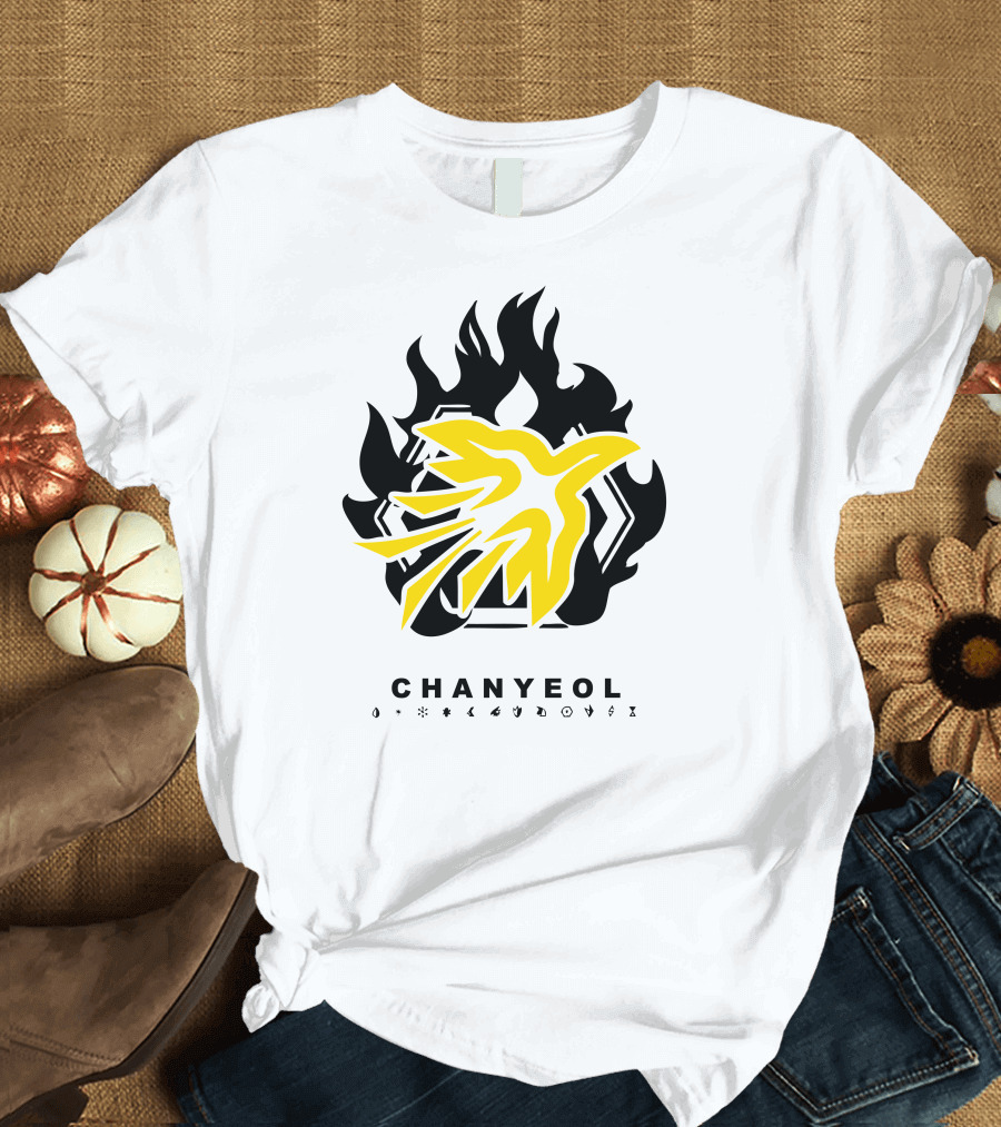 Chanyeol Yellow Phoenix Emblem on Black with Symbols T-Shirt