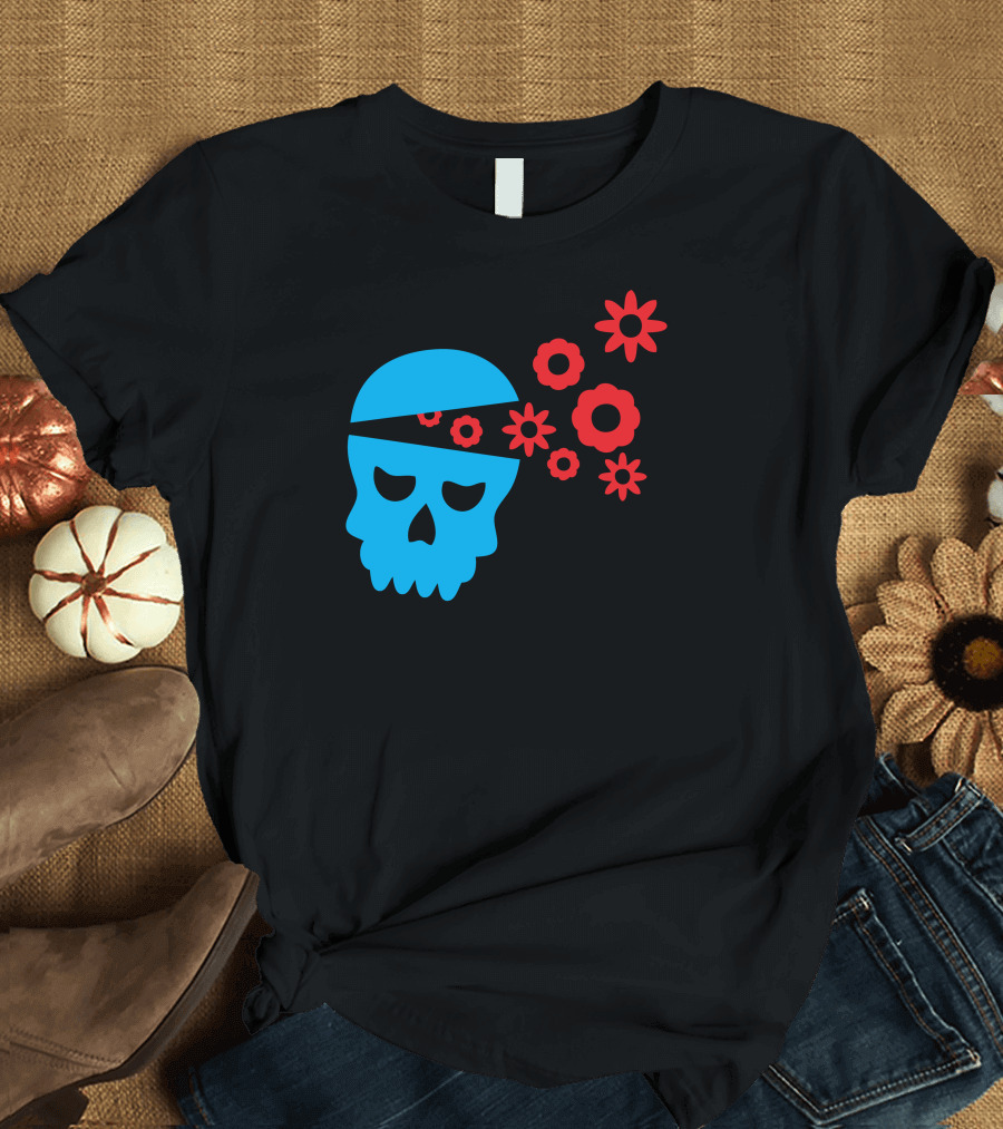 Funny Blue Skull with Red Flowers Emanating T-Shirt