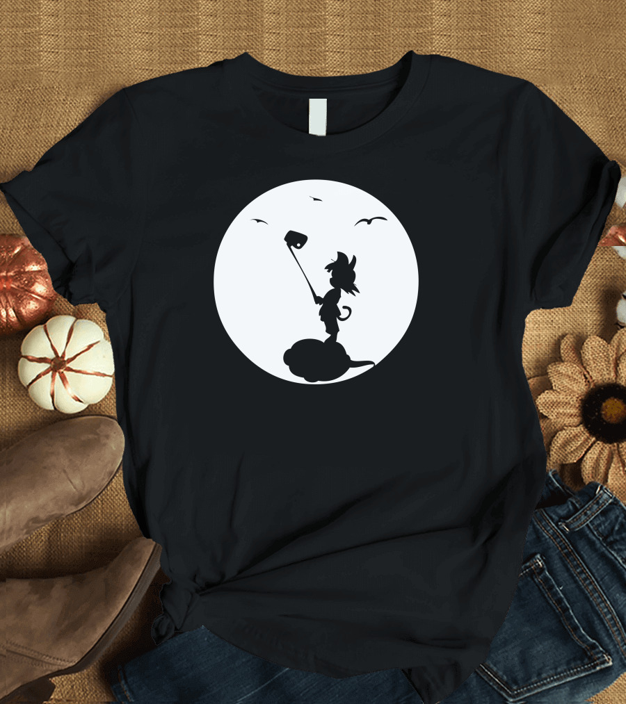 Goku Selfie on Flying Nimbus Silhouette with Moon and Birds T-Shirt