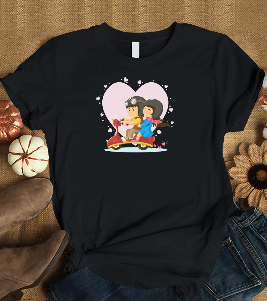 Lovely Couple Riding A Vespa Surrounded by Hearts T-Shirt