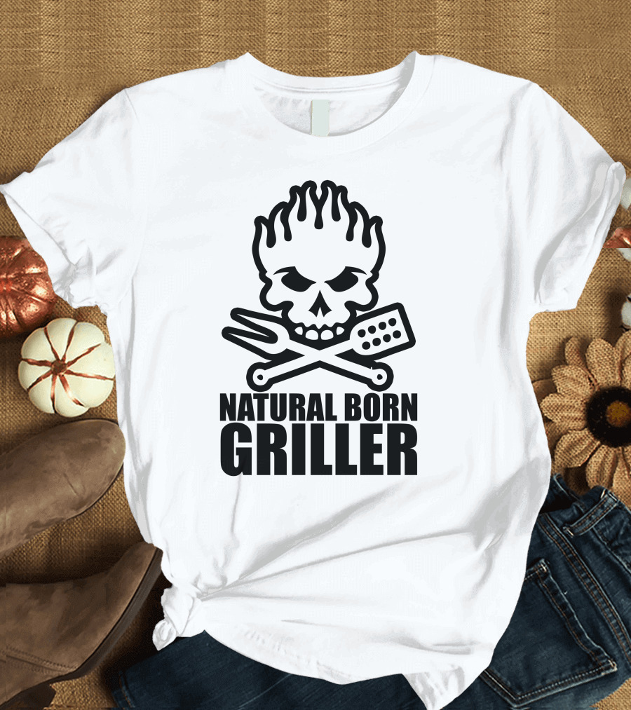 Natural Born Griller Skull Flames Fork Spatula Crossbones T-Shirt