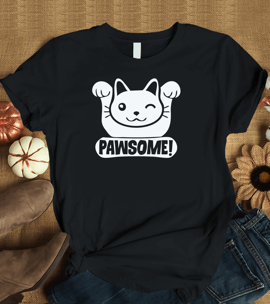 Pawsome Winking Cat with Raised Paws T-Shirt
