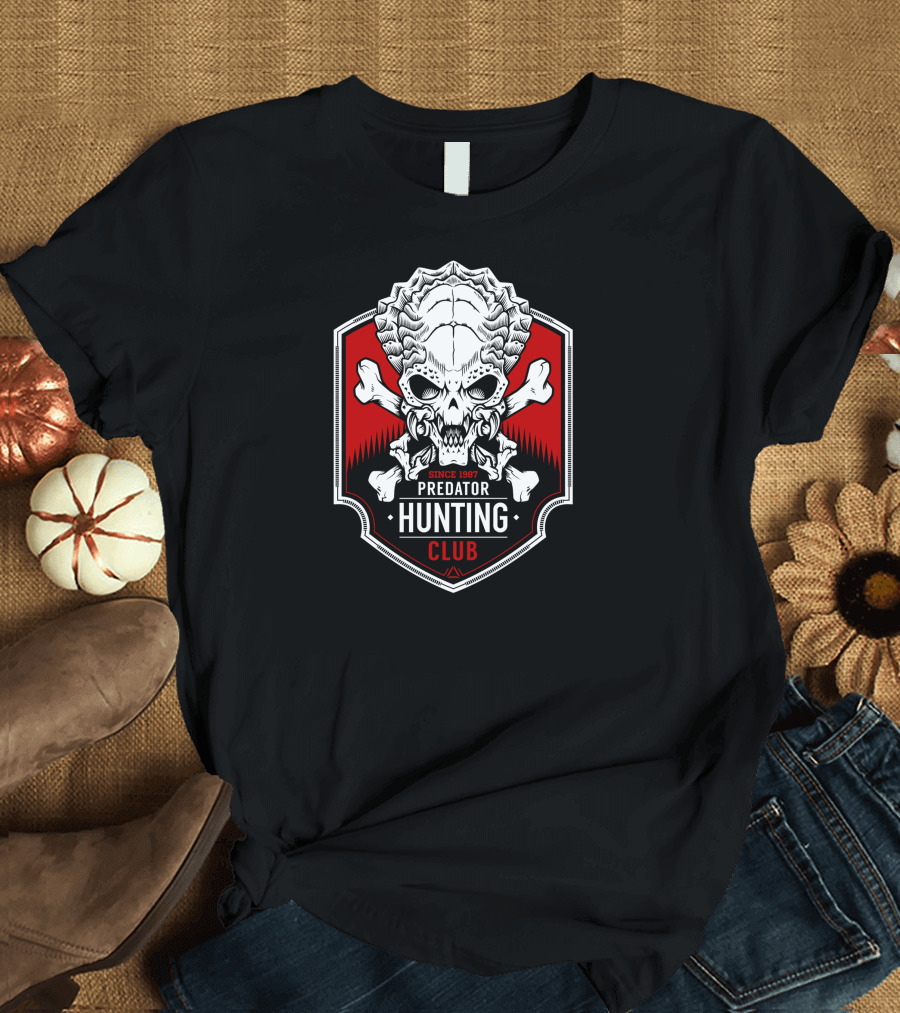 Since 1987 Predator Hunting Club Skull Crossbones Emblem T-Shirt