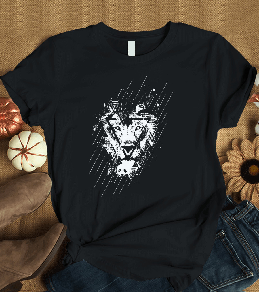 The Eye of Life Geometric Lion with Galaxy and Skull Elements T-Shirt
