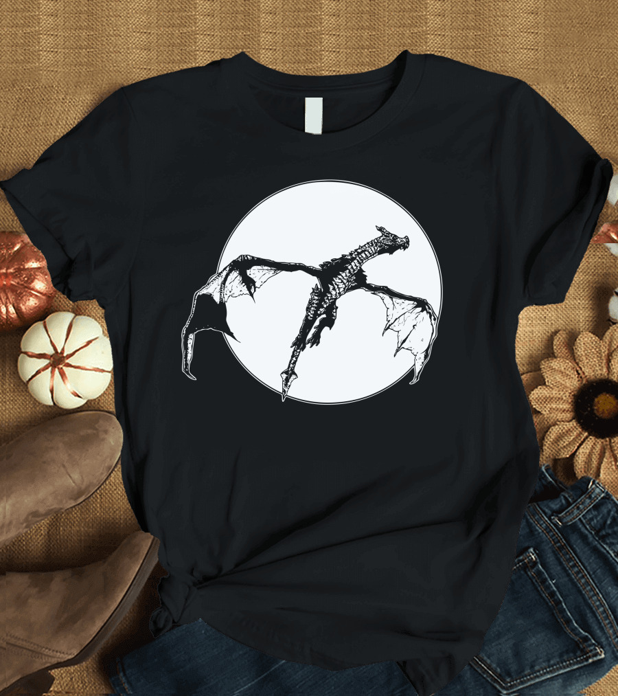 There Be Dragons Flying Against Full Moon T-Shirt