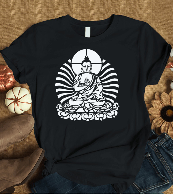 T-Shirt: Buddha Meditating on Lotus with Radiating Sunburst Background T-Shirt Buddha Meditating on Lotus with Radiating Sunburst Background T-Shirt