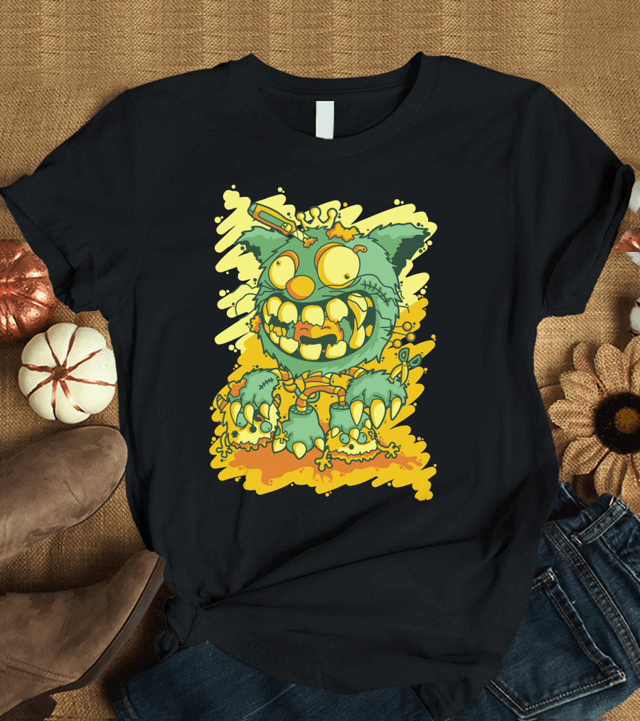 Cat Monster Zombie Cartoon with Crown and Pencil T-Shirt