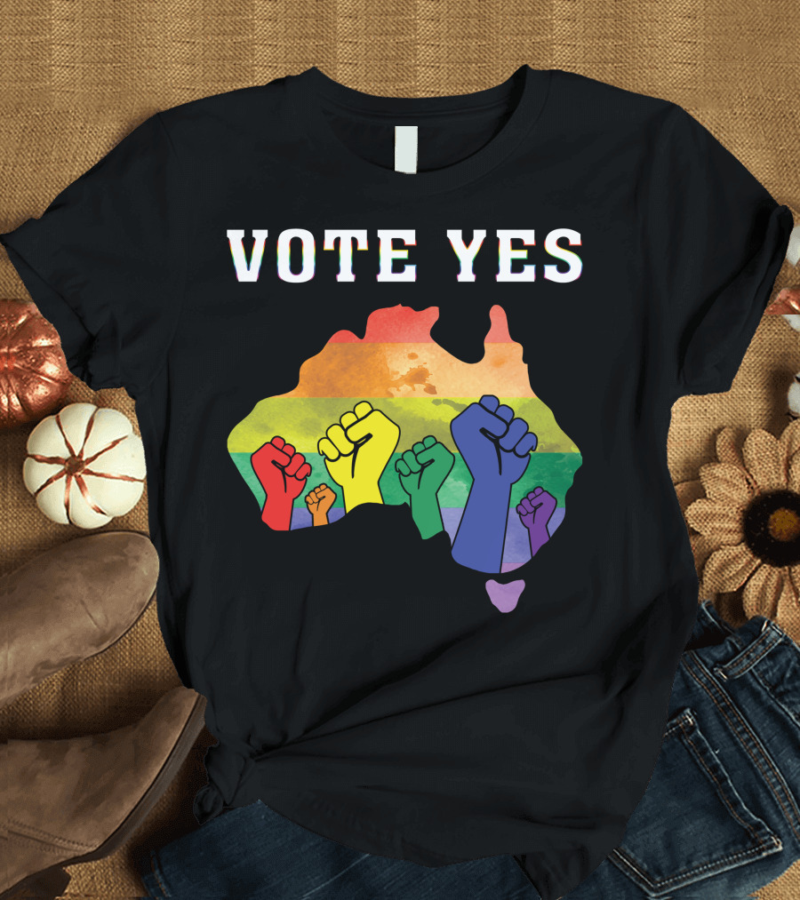 Vote Yes Australian Marriage Equality Rainbow Fists Map T-Shirt
